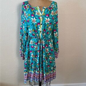Sunshine & Rodeos Women’s L Floral Dress Tie Waist Button up‎ Pockets Round Neck